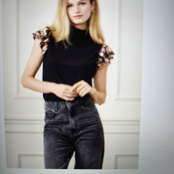 NWT CeCe Floral Print Double Ruffle Mixed Media Top XL. Deep Black - Picture 3 of 8